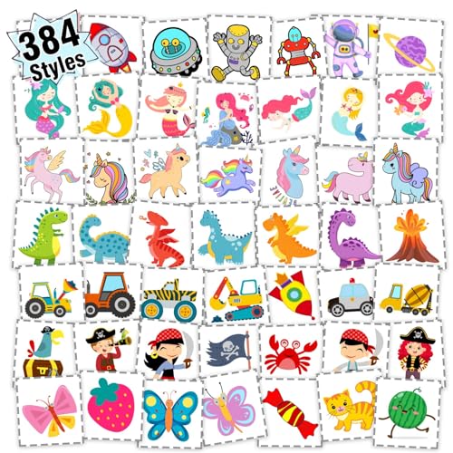 Partywind 384 Mixed Styles Temporary Tattoos for Kids, Cute Tattoo Stickers as Birthday Surprise Boys and Girls, Party Supplies Favors with Dinosaur/Mermaid/Pirate and More (8 Sheets)