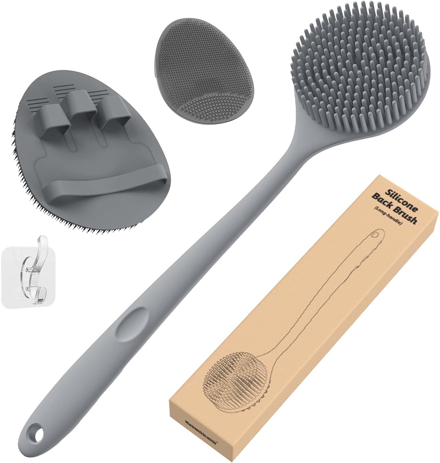 Manmihealth Silicone Back Scrubber (Thick Bristles) & Bath Glove & Face Brush Set(3PCS), Super-Exfoliating & Lathering Body Scrubber, Shower Brush, Face Scrubber Combination, with a Free Hook.(Black)