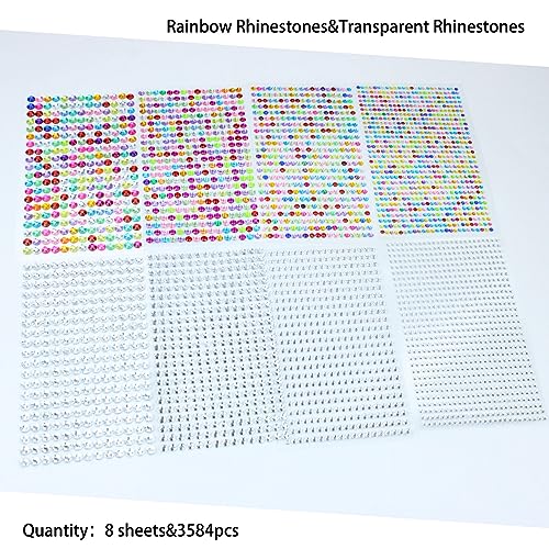 3584 Pcs Self Adhesive Rhinestones for Makeup Eyes 15 Colors Rainbow Rhinestones Face Jewels Gems Stick on, DIY Nail Makeup 3mm 4mm 5mm 6mm Rave Festival Accessories Costume for Women