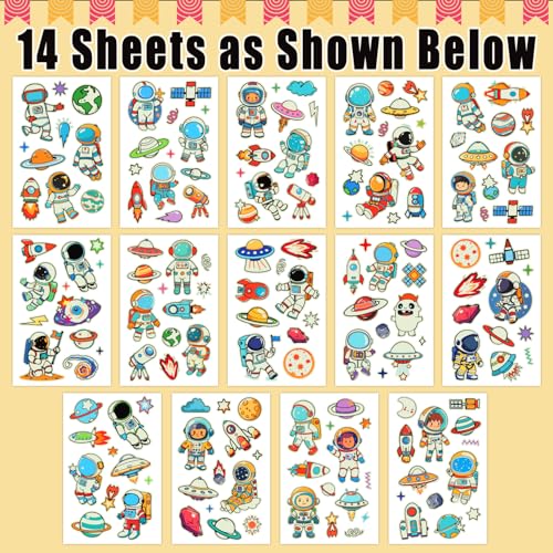 Partywind Glow Space Tattoos for Kids, 150 Styles Luminous Spaceship Planets Astronaut Fake Tattoo Stickers for Space Birthday Party Supplies, Cute Goodie Bag Stuffers for Boys