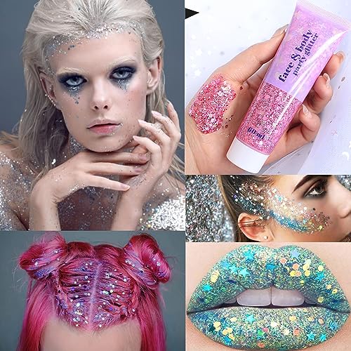 High Capacity 60+60ML Chunky and Fine Mixed Face Body Glitter with Gel for Singer Concerts Rave Party Makeup,Quick Dry and Long Lasting Holographic Iridescent Sequins Glitter Gel (white+pink)