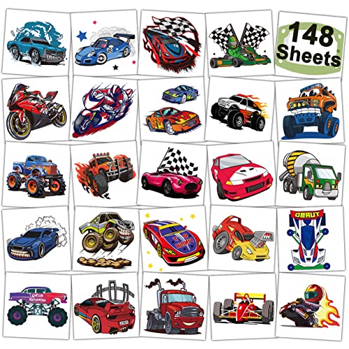 148 PCS Race Car and Monster Truck Temporary Tattoos for Kids - GoKart Car Individual Tattoos for Boys Racecar Birthday Party Favors Goodie Bag Fillers