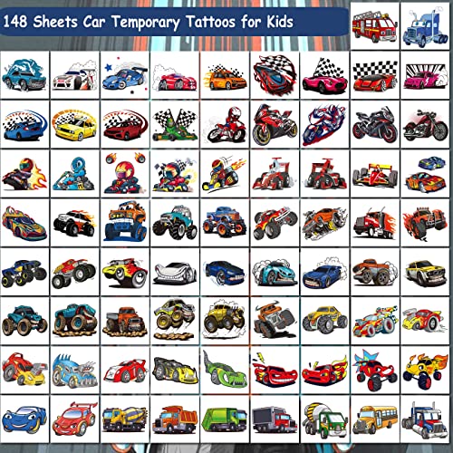 148 PCS Race Car and Monster Truck Temporary Tattoos for Kids - GoKart Car Individual Tattoos for Boys Racecar Birthday Party Favors Goodie Bag Fillers