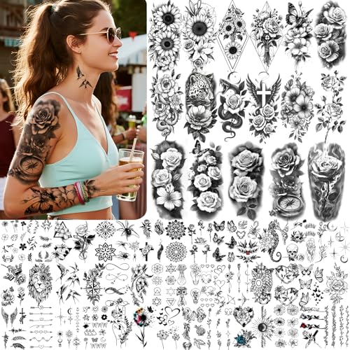 Flowers Temporary Tattoos Adult,92 Sheets Body Art Fake Tattoos Stickers,Rose Tattoos Temporary Realistic for Women Waterproof Long-Lasting