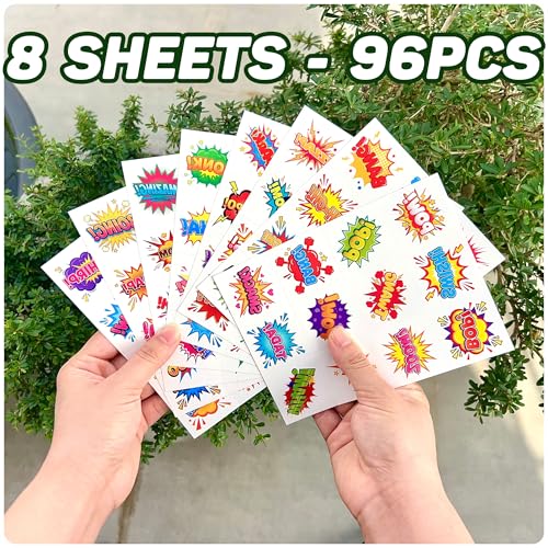 96PCS Hero Temporary Tattoos Sticker For Kids - Hero Themed Birthday Party Favors Birthday Party Decorations Accessories Pow Wow Bang Boom Omg Gift Idea For Kids Teen Adult Classroom Prizes Rewards