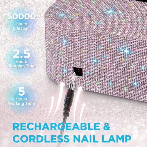 Aedavey Cordless UV Nail Lamp, Rechargeable LED Light with 4 Timer Modes, Gel Nail UV Decorate with Sparkling Rhinestones (Sparkly Lilac)