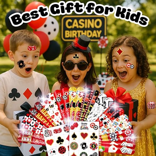 48PCS Casino Party Favors - 24PCS Temporary Pre - cut Tattoos & 24PCS Slap Bracelets - Fun Vegas-Themed Birthday Supplies, Baby Shower Gifts, Classroom Rewards & Party Decor for Kids (Boys & Girls)