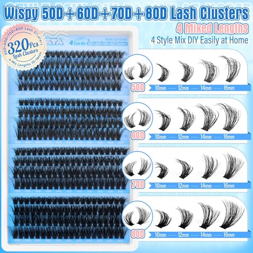 Lash Clusters Volume Eyelash Clusters 50D+60D+70D+80D Lashes Clusters 320pcs 4 Style Mix Wispy Cluster Eyelash Extension Thick DIY Individual Lashes D Curvature False Eyelashes, 10-16mm