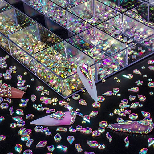 HUETFAT 2400pcs Nail Gems Ab Flatback Rhinestones Gems Stones. 8400pcs Multi Shapes Glass Gems for Nail Decoration Mix Size Flatback Nail Jewels Stones Packaged in Diamond Storage Box with Profession