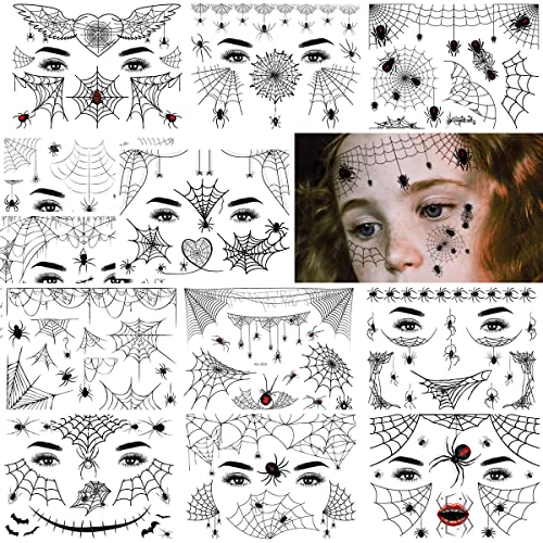 Halloween Spider Temporary Tattoos Web Face Makeup Supplies - 12 Sheets Full Face Scary Black Fake Spiders for Day of the Dead Stage Show Witch Costume Party Prank Props