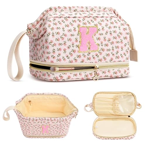 Personalized Initial Makeup Bag, Pink Flowers Quilted Makeup bag Valentine's Day for Girls,Teen, Women, Double Layer Travel cosmetic Bag with Make up Brush Organizer,Cute Travel Toiletry Pouch