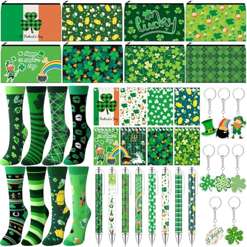 32 Pcs St Patrick's Day Gifts Set Makeup Bags Bulk Irish Shamrocks Socks Green Clover to Do List Notepad Ballpoint Pens Rainbow Lucky Gnome Keychain for Party Favors Supplies Holiday Gifts