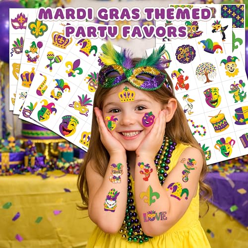 96 PCS Happy Mardi Gras Pre-Cut Temporary Tattoos for Kids | Super Cute Themed Birthday Party Favors, Supplies, Decorations, Festival Fake Tattoo Stickers, School Rewards Prizes & Gifts Boys & Girls