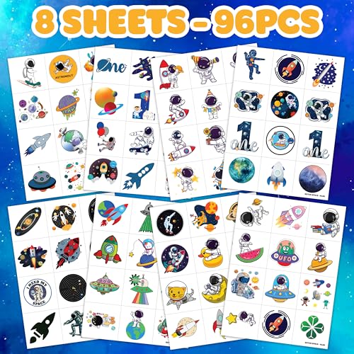 Outer Space Pre-cut Temporary Tattoos 96 PCS One Space Birthday Party Decorations Favors Supplies Planet Themed Stickers 8 Sheets Gifts for Kids Girls Boys Decor Class School Christmas