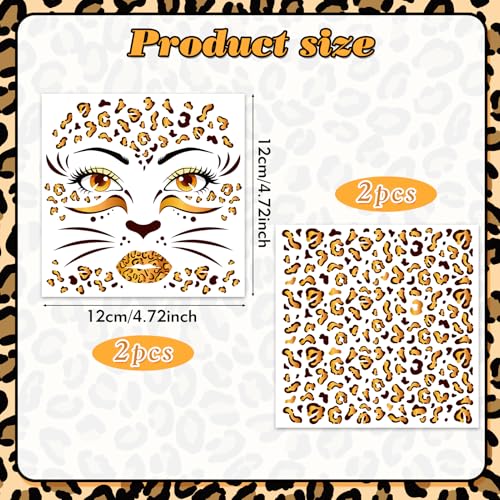 HOWAF 4 Sheets Leopard Face Tattoos, Cheetah Full Face Tattoos Stickers, Leopard Frint Temporary Tattoos for Carnival Party Halloween Costume Makeup Accessories, Cheetah Fake Tattoos Sheets