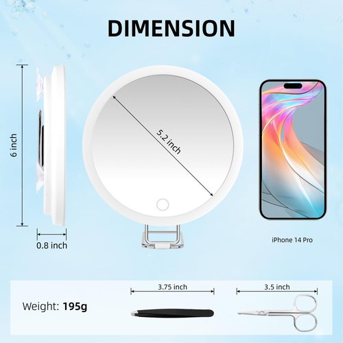 30X Magnifying Mirror with Light, Large 6'' Magnifying Makeup Mirror with Light 30X, Travel Mirror with 30X High Magnification Compact 30X Magnified Mirror with Light, 3 Suction Cup & Adjustable Stand