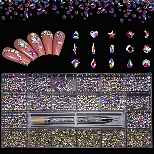 HUETFAT 2400pcs Nail Gems Ab Flatback Rhinestones Gems Stones. 8400pcs Multi Shapes Glass Gems for Nail Decoration Mix Size Flatback Nail Jewels Stones Packaged in Diamond Storage Box with Profession