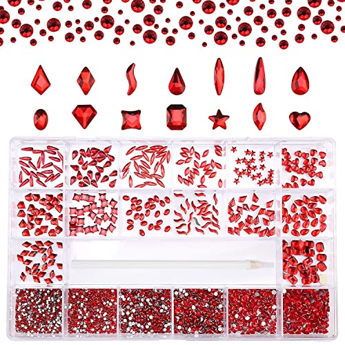 Nibiru 3830Pcs Red Multi Shapes Rhinestones Glass Diamonds Kit for Nail Art Jewels Decoration, Shiny Flatback Mix Size with Wax Pen