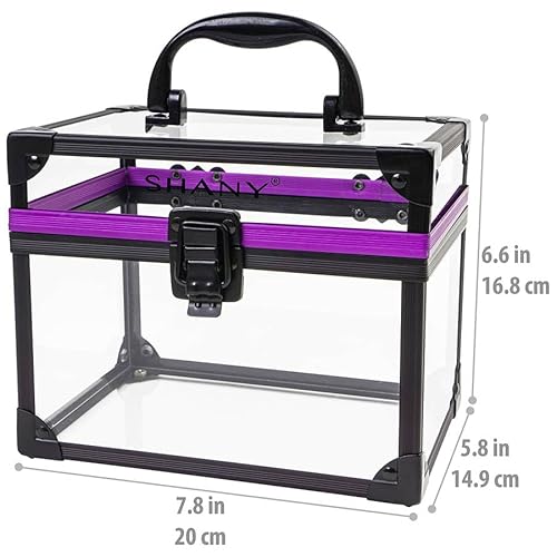 SHANY Clear Cosmetics and Toiletry Train Case - Clear Travel Makeup Bag Case Organizer with Secure Closure and Black/Purple Accents - Large