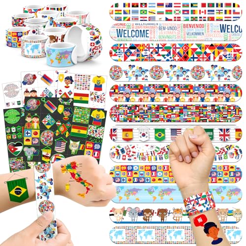 96 PCS World Flag Party Favors ? 72 Pre-Cut Temporary Tattoos & 24 Slap Bracelets for Kids, Multicultural Birthday Supplies & Classroom Rewards