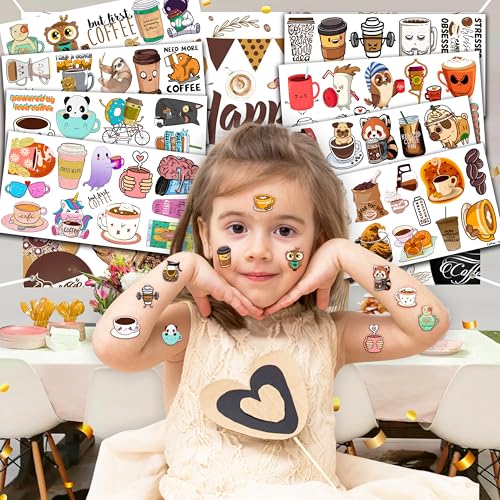 96 PCS Funny Iced Coffee Temporary Tattoos Cup Mug Cups Quotes Themed Birthday Party Decorations Supplies Favors Decor Cute Stickers Tattoo Gifts for Kids Girls Boys School Rewards Carnival