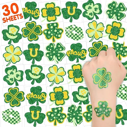 30 Pcs Glitter St. Patrick's Day Tattoos, St Patricks Day Accessories, St Patricks Day Stickers, Saint Patricks Day Irish Leaf Shamrock Temporary Tattoo Sticker for Body Face, Party Favors Decoration