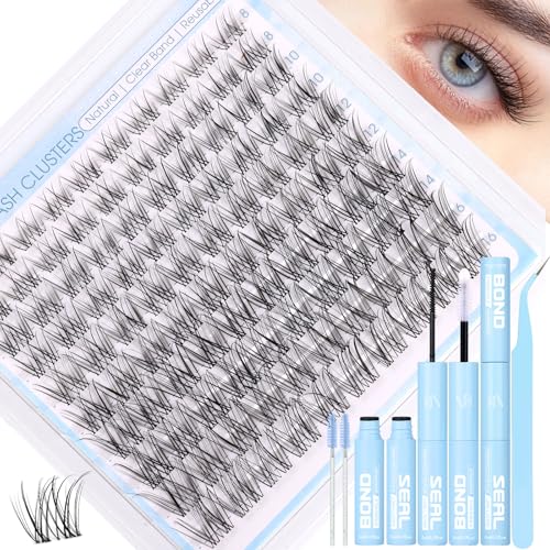 Natural Lash Clusters Kit Invisible Band Eyelash Clusters DIY Lash Extension Kit Wispy Eyelash Extension Kit Clear Band Cluster Lashes with Lash Glue, Brush and Tweezers by ZANLUFLY(8-16mm)