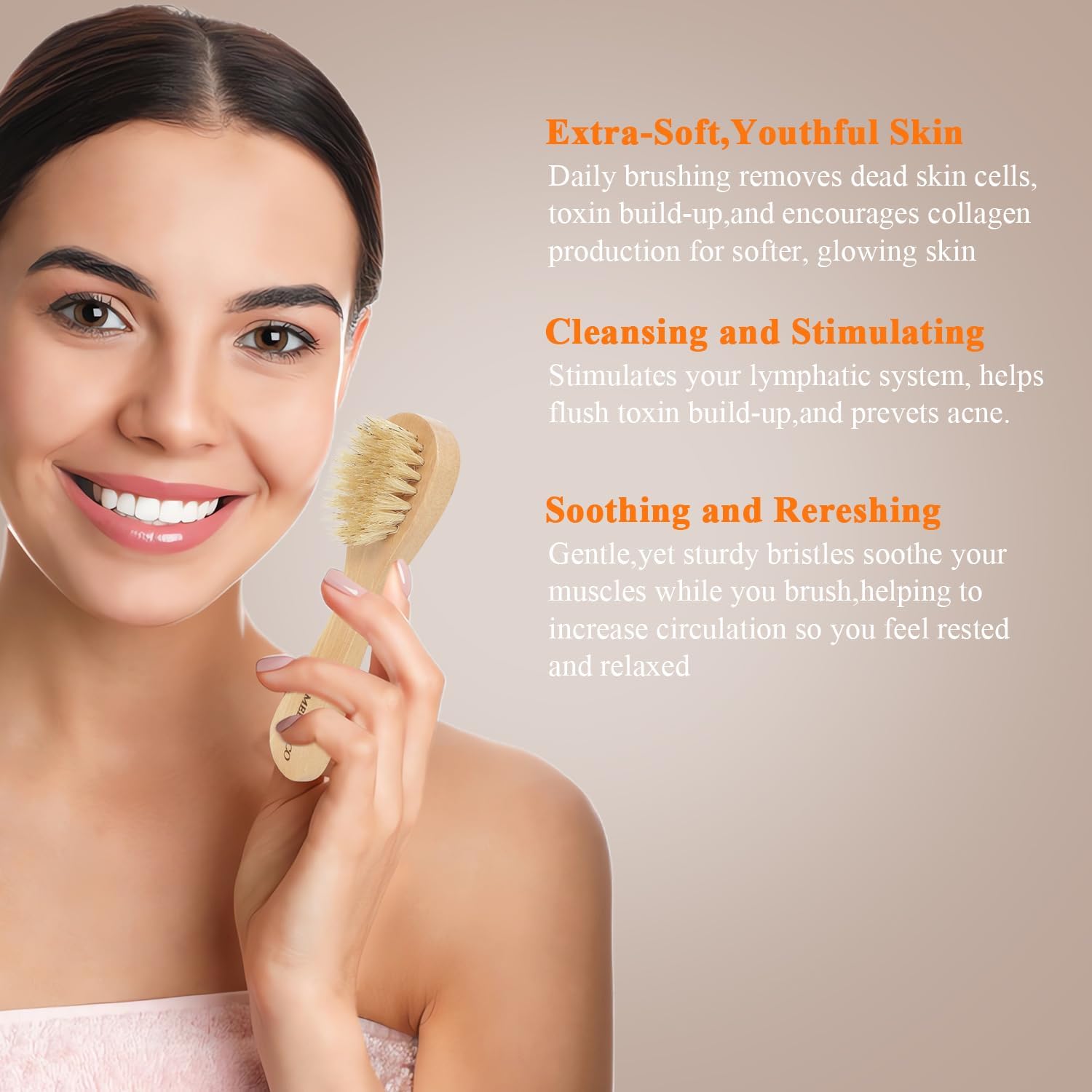 Natural Dry Brushing Set - 5 Packs with Wood Long Handle & 3 Detachable Heads for Lymphatic Drainage & Cellulite Exfoliation