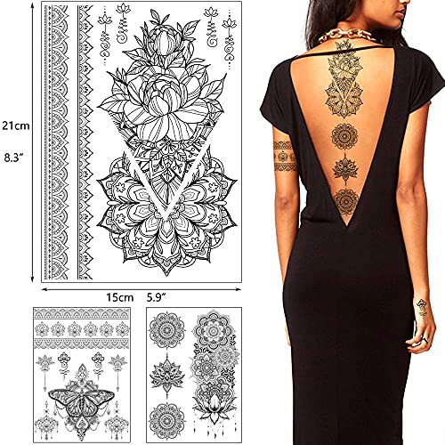 Glaryyears Black Lace Temporary Tattoo for Women Girls, 60+ Patterns 8 Pack Fake Mandara Flowers Tattoos Stickers, Sexy on Body Underboob Arm Chest Shoulder Thigh Abdomen Waist for Beach Party