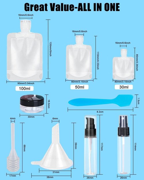 17 Pack Travel Pouches for Toiletries,TSA Approved,Travel Size Portable Containers,Stand Up Pouch,Refillable Travel Accessories for Shampoo Conditioner Lotion Soap Liquids (B-17pcs)