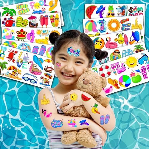 100 PCS Summer Pool Temporary Tattoos Birthday Party Decorations Favors Supplies Beach Balls Floats Swimming Pool Funny Items Decor Stickers For Girls Boys Gift School Prizes Rewards