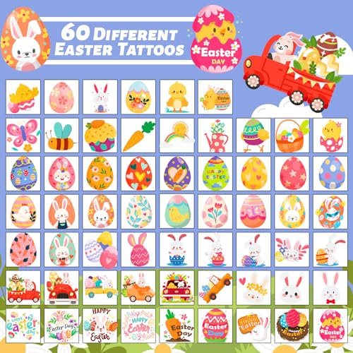 winthrop 240 Pcs Bulk Easter Temporary Tattoos for Kids, Individually Wrapped Waterproof Safety Tattoos Stickers, Best Choice for Easter Basket Stuffers, 60 Different Designs Bunny Egg Chicken