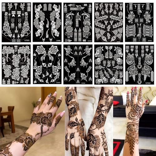 10 Sheets Henna Tattoo Stencils 10 Pair Arm Hand Tattoo Template Temporary Indian Arabian Glitter Airbrush Tattoo Stickers for Face Body Paint DIY (Black)