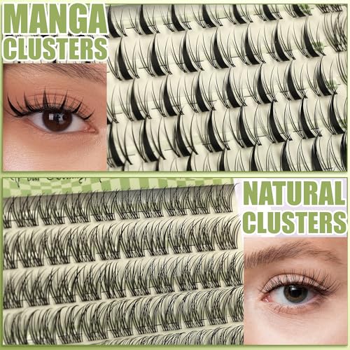 160 Pcs Lash Clusters Extensions Kit - Manga - Natural Wispy Faux Mink Individual Eye Lash 10-18mm Clusters with D Curl Fluffy Wispy Lash Clusters for Lash Extension at Home