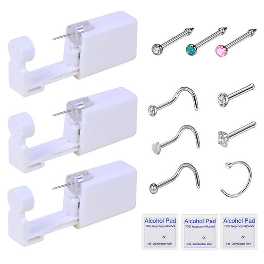 Nose Piercing Kit - 3 Pack Self Nose Piercing Gun, Disposable Safety Nose Percinging Kit with Nose Rings Stud Nose Piercings Gun Kit Tool (white+pink+blue)