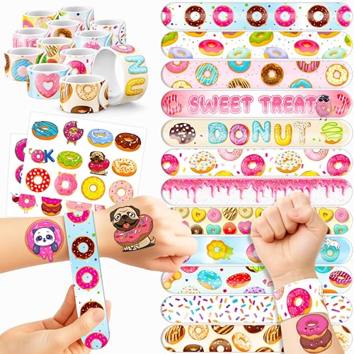 48PCS Donut Party Set - 24PCS Temporary Tattoos & 24PCS Slap Bracelets - Sweet Treat-Themed Birthday Supplies, Baby Shower Gifts, Classroom Rewards & Party Decor for Kids (Boys & Girls)