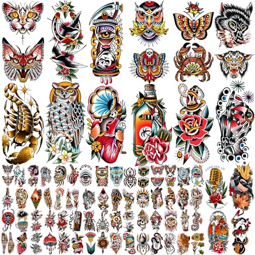 Yazhiji 77sheets Waterproof Fake Tattoo for Men or Women 17sheets Larger Half Arm Owl Peony Butterfly Snake Temporary Tattoos for Boy or Girl And 60 sheets Tiny Flower Tattoo Sticker for Kids