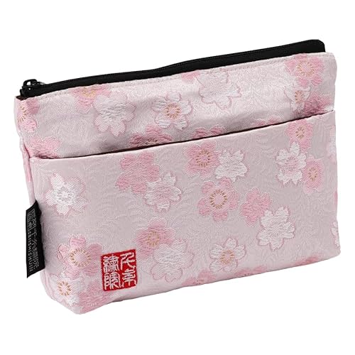 Brocade zipper pouch, lined with lining and front pocket Nishijin brocade, 1, size S. (Shiromomozakura)