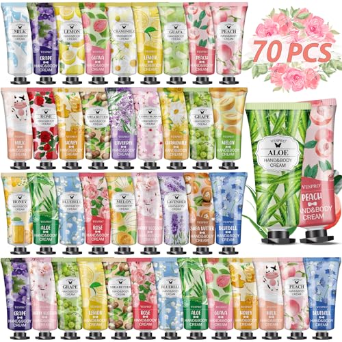 VESPRO 70 Pack Hand Cream Set, Easter Basket Stuffers, Mothers Day Gifts, Bulk Hand Lotion Travel Size for Dry Cracked Hands, Mini Hand Lotion for Bridal Shower Gifts and Teacher Nurse Gifts