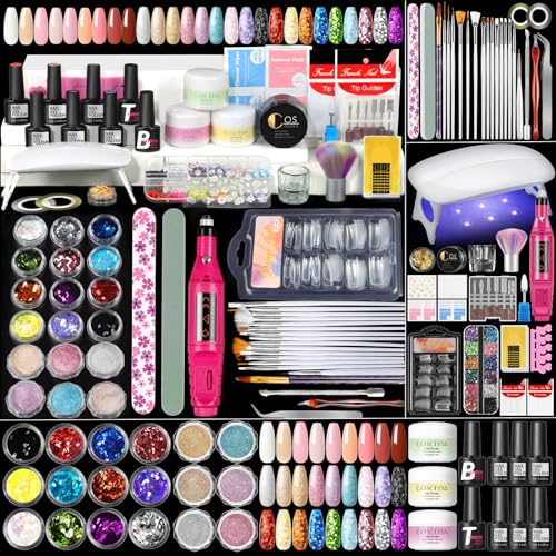 COSCELIA Acrylic Nail Kit for Beginners with Everything Professional Acrylics Powder 6pcs Gel Nail Polish 18pcs Glitter Decoration Powder Nails Kit Acrylic Set with Drill Light Gifts for Women