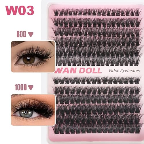 WAN DOOL False Eyelashes Clusters Wispy 144 pcs Fluffy Lashes Clusters Soft D curl 10-18mm 50D Fairy Salon Eyelash Extensions