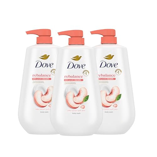 Dove Body Wash 3 Count Rebalance White Peach & Rice Milk For 24hr Lotion-Soft Skin Moisturizing Skin Cleanser with No Sulfates No Parabens