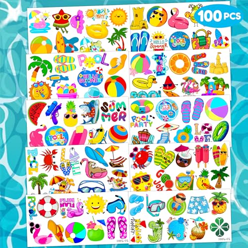 100 PCS Summer Pool Temporary Tattoos Birthday Party Decorations Favors Supplies Beach Balls Floats Swimming Pool Funny Items Decor Stickers For Girls Boys Gift School Prizes Rewards