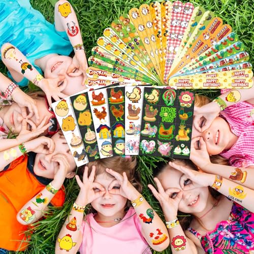 96 PCS Chicken Party Favors Set ? 72 Pre-Cut Temporary Tattoos & 24 Slap Bracelets for Kids, Perfect for Farm-Themed Birthday Parties, Classroom Rewards & Barnyard Celebrations