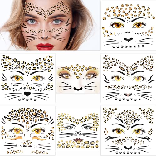 7 Sheets Leopard Face Tattoo Stickers Glitter Cheetah Print Temporary Tattoos Women Body Makeup Accessories for Halloween Costume Party