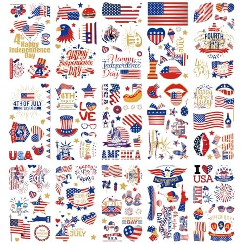 120Pcs 4th of July Tattoos - 15Sheet Fourth of July Tattoos Temporary for Kids,USA American Flag Patriotic Tattoo,Red White and Blue Independence/Memorial/Labor Day Decorations Accessories