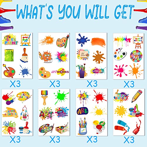 Art Temporary Tattoo Paint Birthday Party Favors Decorations Art Birthday Party Tattoos Stickers Favors Creative Party Supplies for Kids Girls Boys Gifts Classroom School Prizes 24 Sheets (144PCS)
