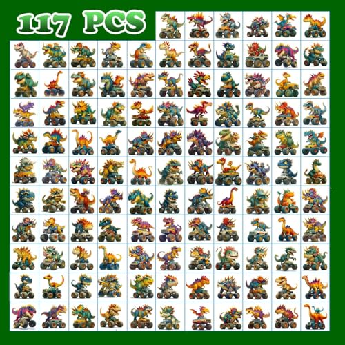 117 PCS Monster Truck Dinosaur Temporary Tattoos for Kids, 3D Cartoon Themed Pre-Cut Fake Tattoo Stickers, Birthday Party Favor Supplies and Decorations, Rewards Prizes for Boys and Girls