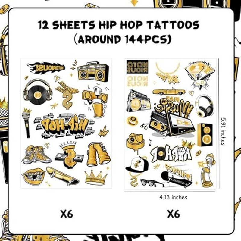 Serencatcher 144pcs Hip Hop Temporary Tattoos, 90s Hip Hop Party Favors with Notorious Tattoos Stickers for 80s 90s Themed Notorious Big Rap Birthday Party Decorations Gifts