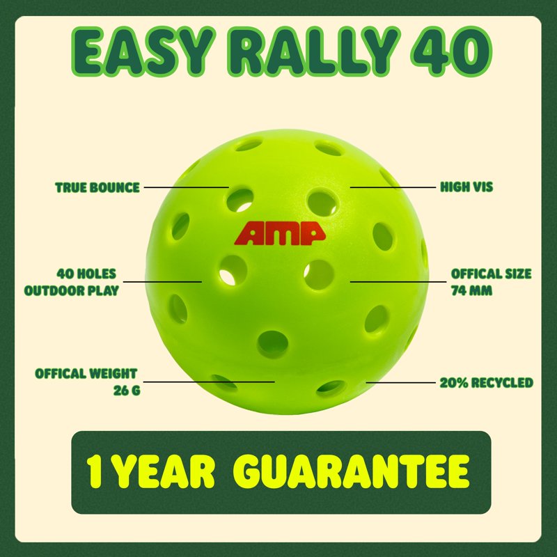 3-Pack AMP Easy Rally 40 Outdoor Pickleballs - Neon Yellow-Green, 40-Hole